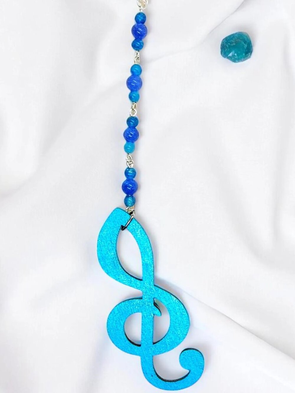 Wooden Music Treble Clef and Blue Kyanite Gemstone Rearview Mirror Car Charm